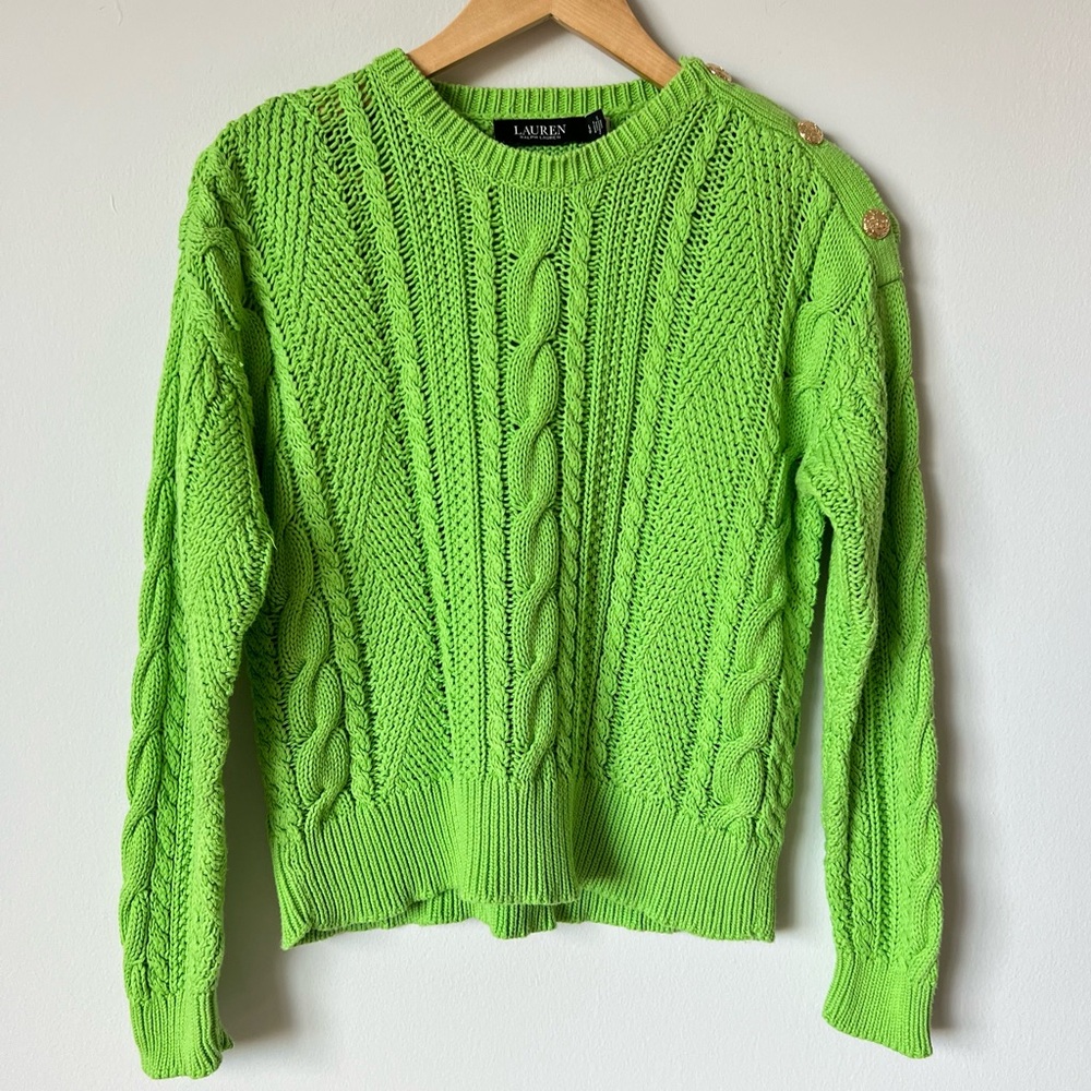 Ralph Lauren Women's Green Aran Knit Cable Knit Crewneck Cotton Pullover Sweater - Picture 3 of 7